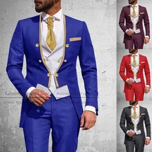 Traje azul real de 3 piezas para hombre, esmoquin ajustado para boda, traje de novio, chaqueta con doble botonadura, chaleco, pantalones, conjunto de traje trasero (3)