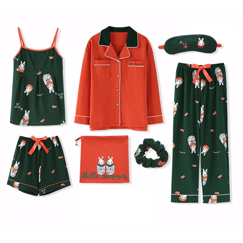 2020 100% Cotton Womens Pajamas Sets 7 Pieces Set Casual Sleepwear spring Autumn Winter Long Sleeve Cute Home Clothes women