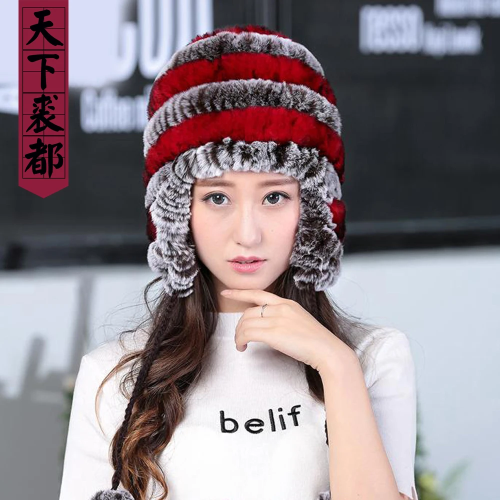 Lady Real Fur Earflap Hats Women Natural Rex Rabbit Fur Beanies Cap Russian Winter Warm Genuine Fur Hat Wholesale