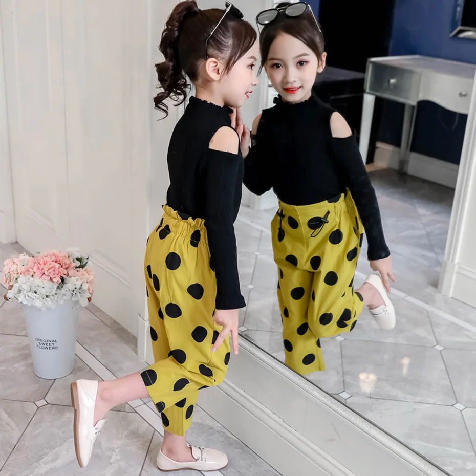 Детская одежда для девочек вязаный свитер и штаны в горошек наряды с открытыми