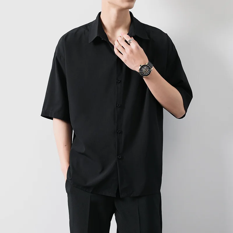

Shirt men's 2021 summer loose short sleeve casual shirt Korean youth Lapel solid color long sleeve inch men's style