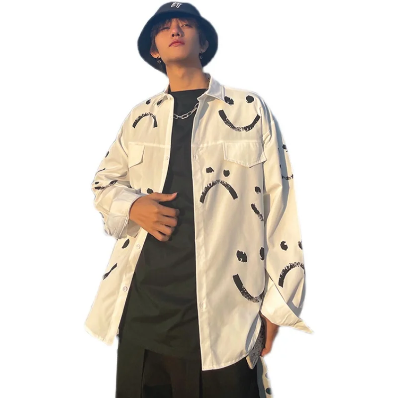 Рубашка мужская с длинным рукавом модная брендовая блуза принтом смайлика