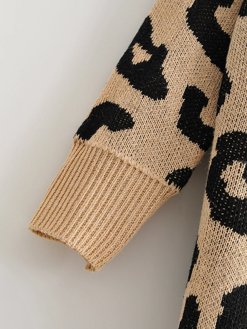 

Women\u2019s Spring Autumn Casual Long-sleeved Cardigan Personality Leopard Jacquard V-neck Mid-length Coat Trench One Size