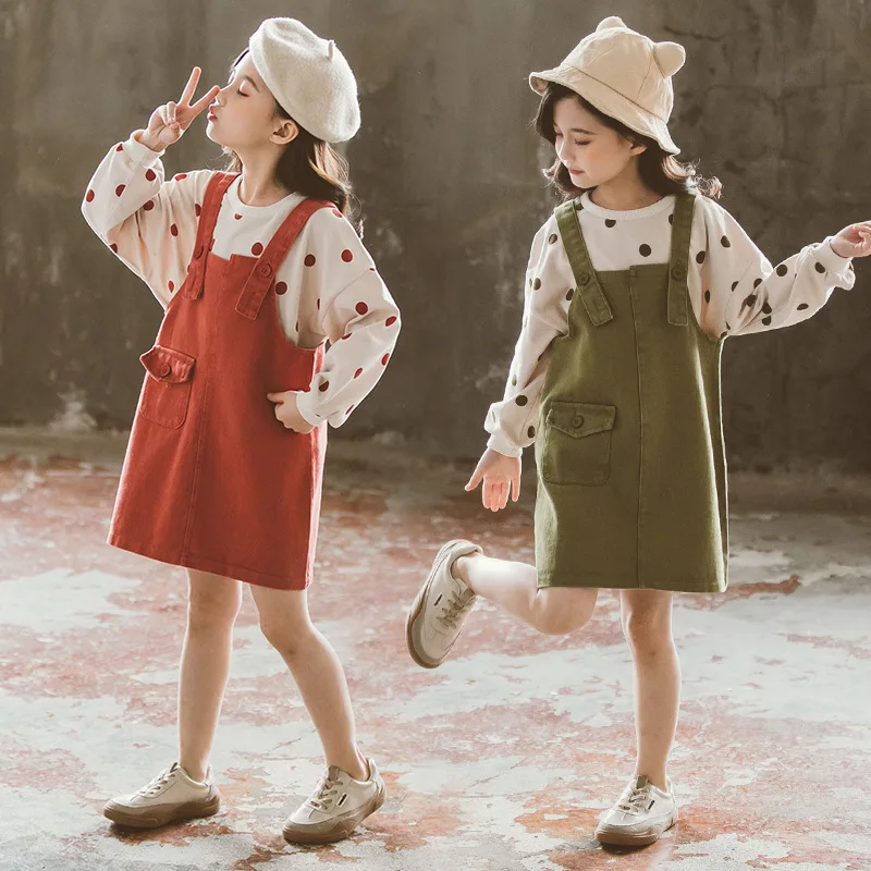 

Girls Outfits Fashion Polka Dot Top + Suspenders Skirt Sets Fall Girl Outfits Korean Kids Boutique Clothes Sets 2021 New Autumn