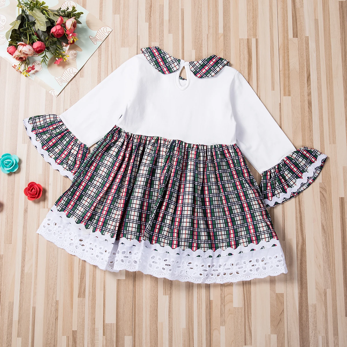 Girls Dress Half Sleeve Peter Pan Collar Vintage Princess Party Lace Flared Plaid Dresses Toddler Kids Infant Baby | Детская одежда и