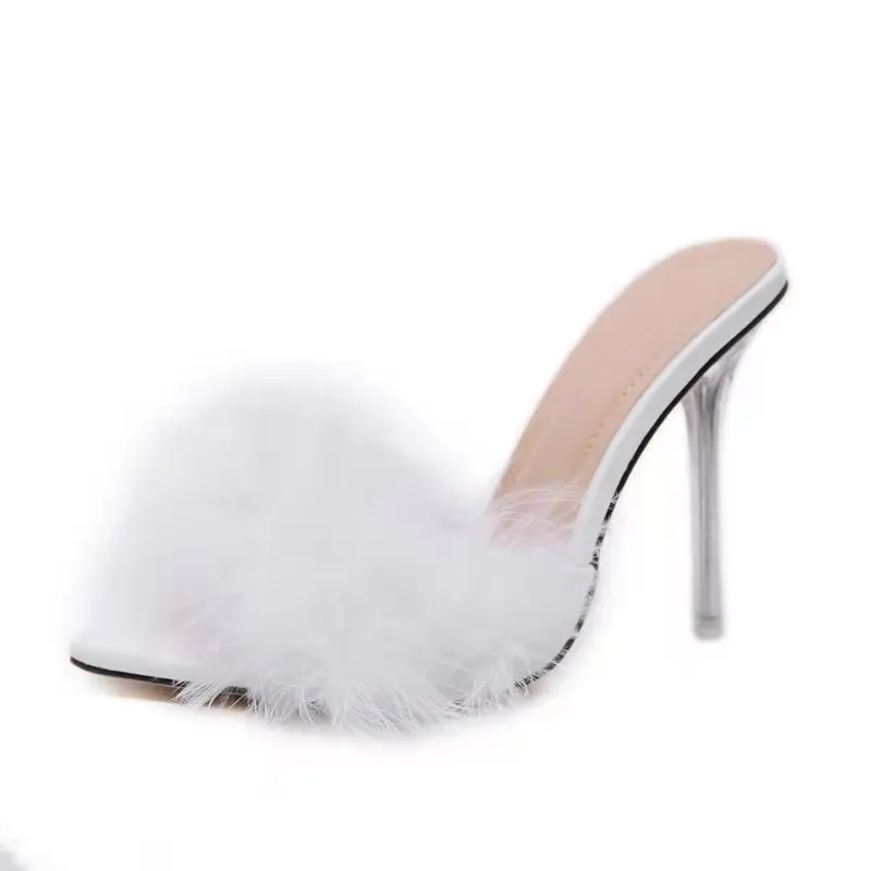 

2021 European and American ladies pointed hairy shallow mouth high heel slippers 1852