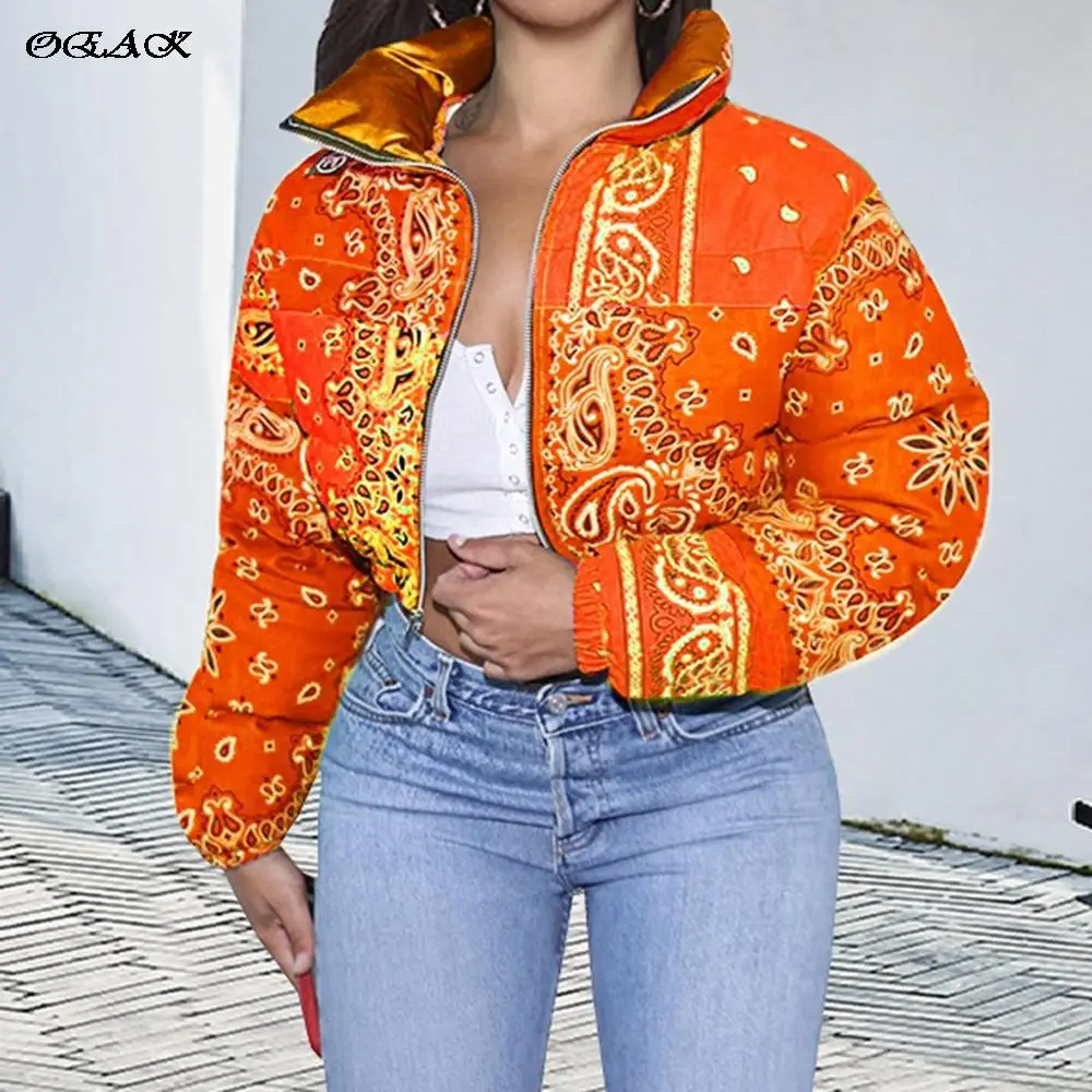 

OEAK Casual Print Puffer Bandana Jacket Winter Coat for Women Warm Fashion Clothing Streetwear Crop Parka Puffer Bubble Coat