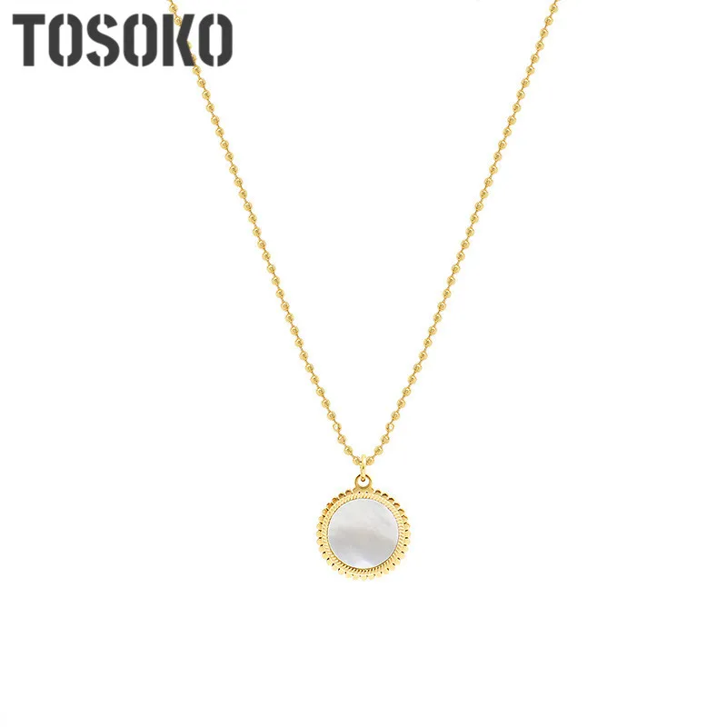 

TOSOKO Stainless Steel Jewelry Fairy Mirror White Sea Shell Pendant Necklace Women's Simple Clavicle Chain BSP814