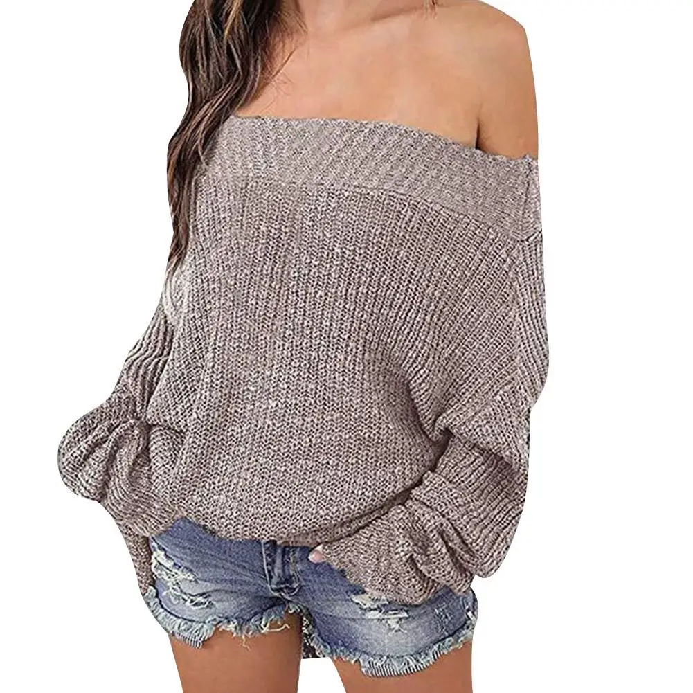 

Women Autumn Winter Solid Color Long Sleeve Off Shoulder Knitted Loose Sweater