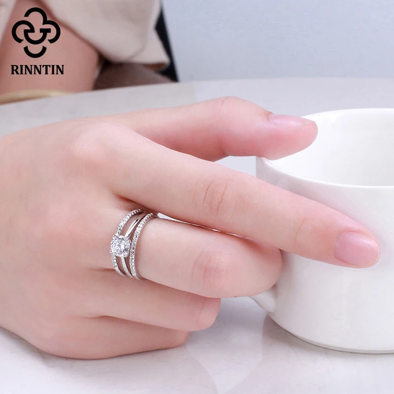 Rinntin 3 шт./лот серебряные двойные кольца набор обручальные женские с кубическим