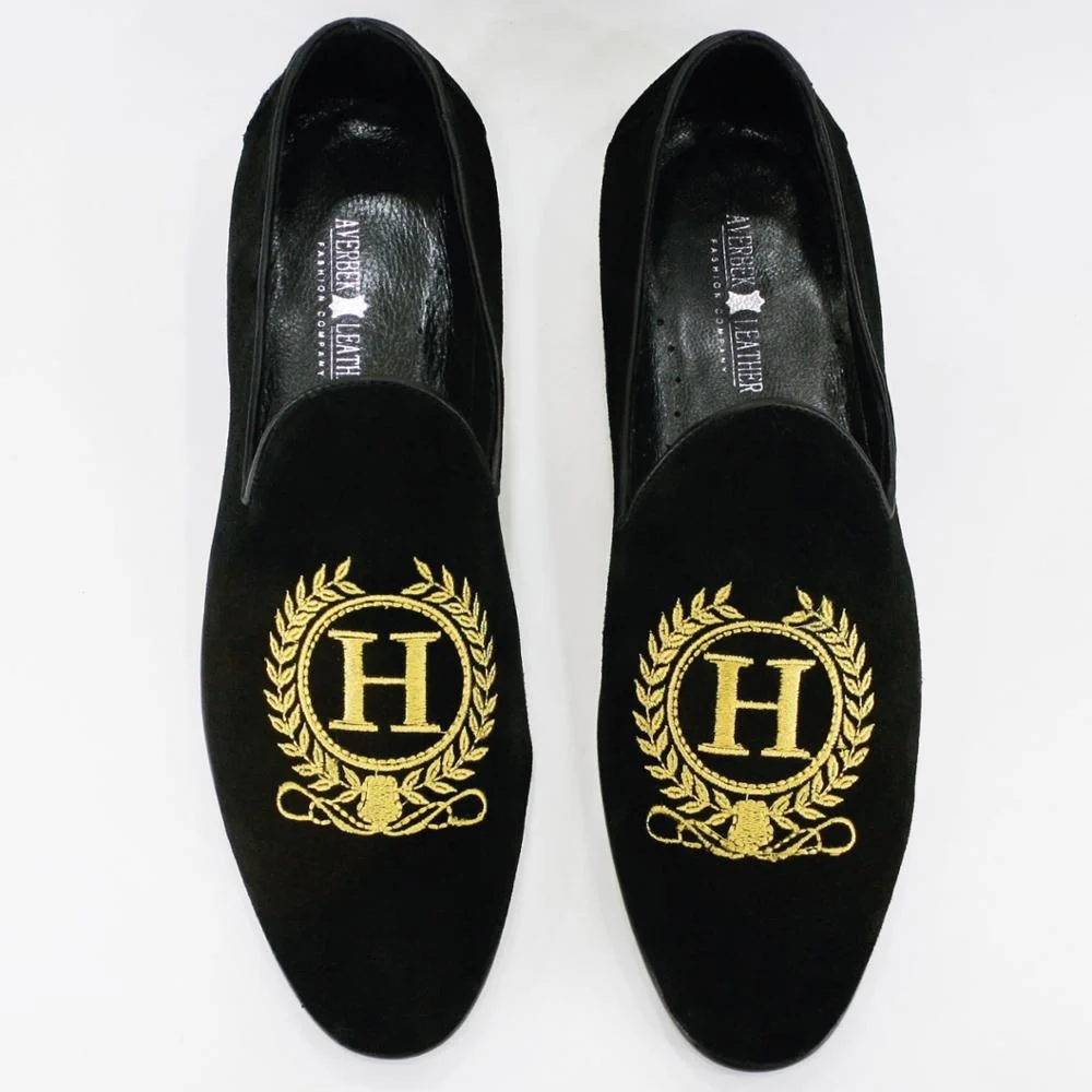 

NXY Velvet Embroidered Mens Black Suede Leather Smoking Slippers Slip-on Loafers Shoes