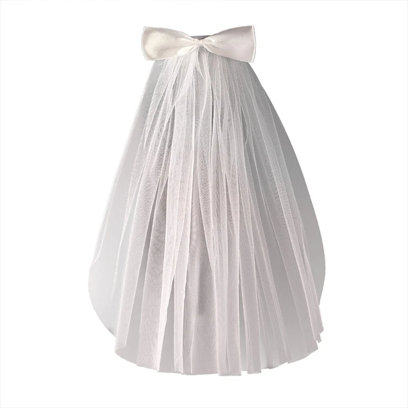 1 Tier Wedding Veil with Comb for Girls Communion Veil Ribbon Bowknot Adornment Short Length Cut Edge Tulle Veil