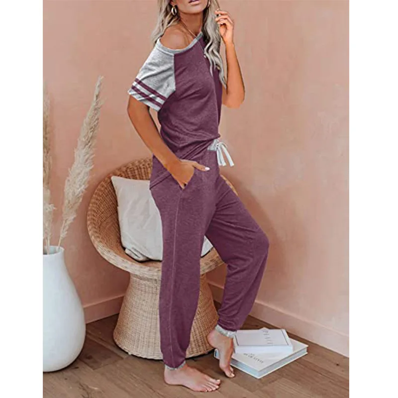 Women's Casual 2 Piece Sport Outfits Short Sleeve T-Shirt Bodycon Long Pants Joggers Tracksuit Set Loungewear Contrast Stripes