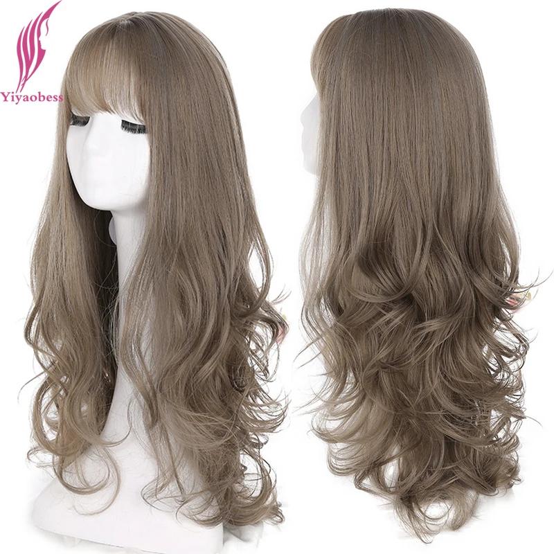 

Yiyaobess 28inch Long Wavy Hair Synthetic Wig With Bangs Linen Brown Rattan Silver Grey Woman Wigs For Party High Temperature