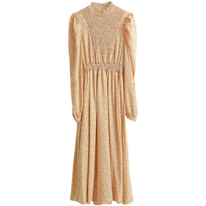 

Mozision Chiffon Print Dress For Women Stand Collar Puff Sleeve Mid-length Dresses Ladies 2021 New Vintage Loose Pullover Dress