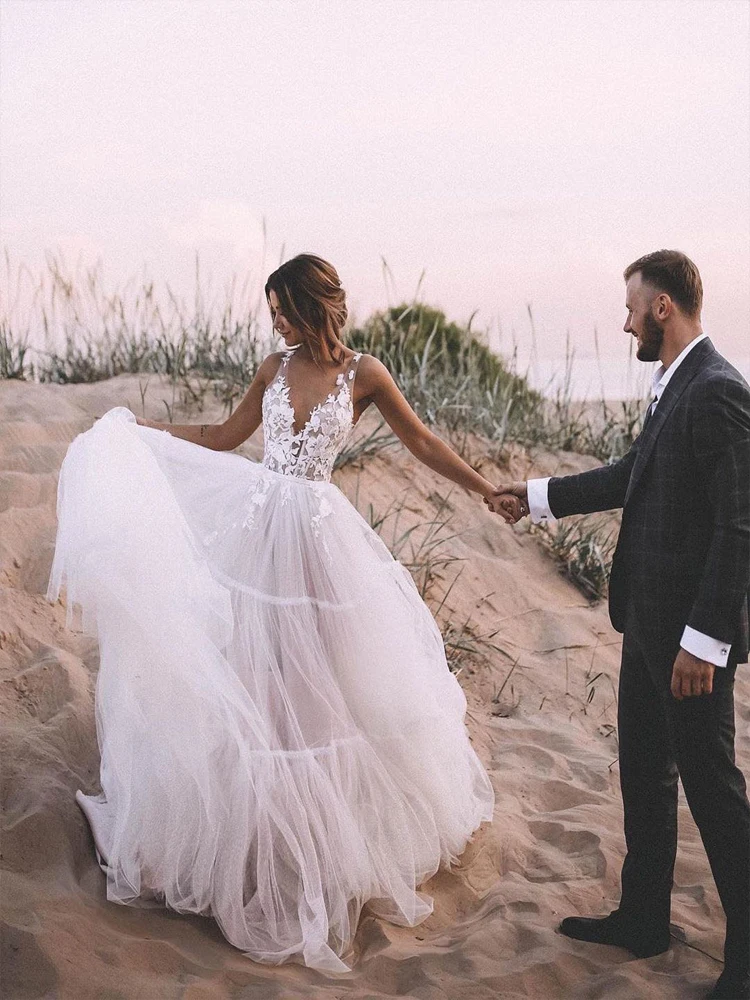 2020 шикарные богемные повседневные Свадебные платья с глубоким V-образным вырезом