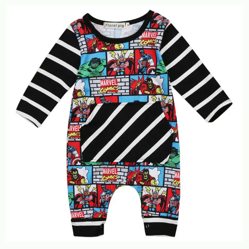 

CANIS Newborn Infant Baby Kid Boy Outfit Clothes 2019 Autumn Long Sleeve Striped Patchwork Superhero Romper Jumpsuit