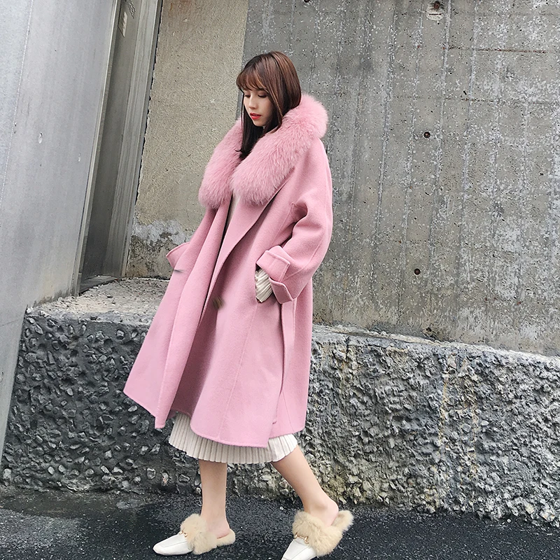 Шуба кашемировая Женская двусторонняя с натуральным мехом лисы поясом длинная