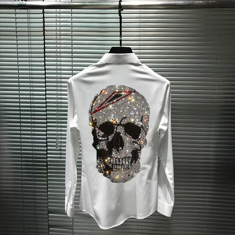 Original Design Men's Simple Hot Diamond Skull Style Spring T-Shirt Business Lapel Solid Color Long-Sleeved Overalls