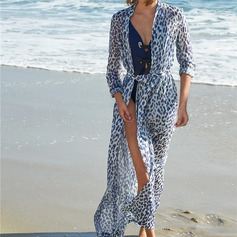 Леопардовая шифоновая Пляжная накидка туники для пляжа длинный кафтан бикини