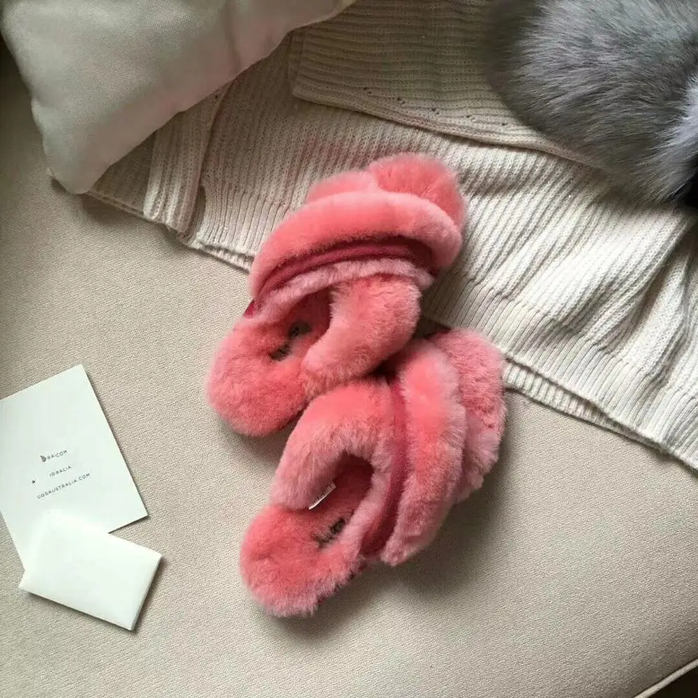 Женские тапочки пушистые плюшевые Вьетнамки зимние сандалии из натуральной