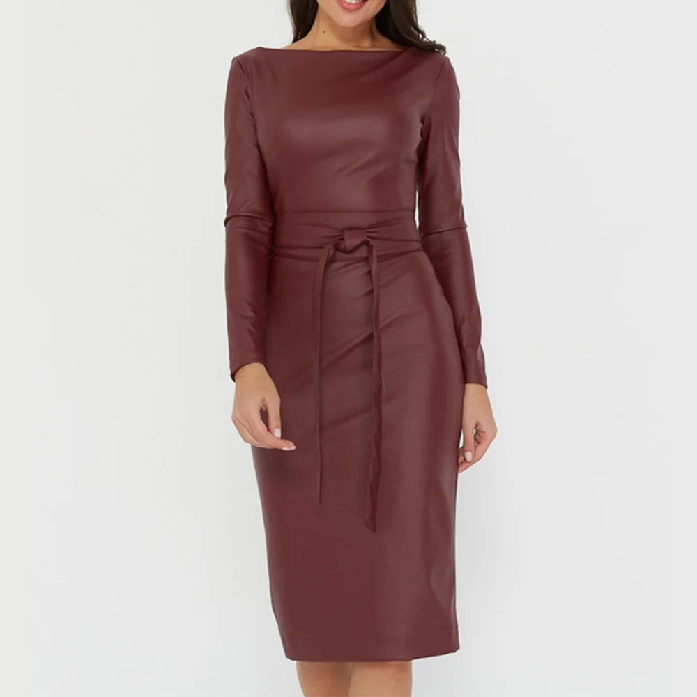 

Western Style Ladies Dresses Spring Autumn New Fashion Temperament African Oversize Casual Simple PU Slim Round Neck Long Sleeve