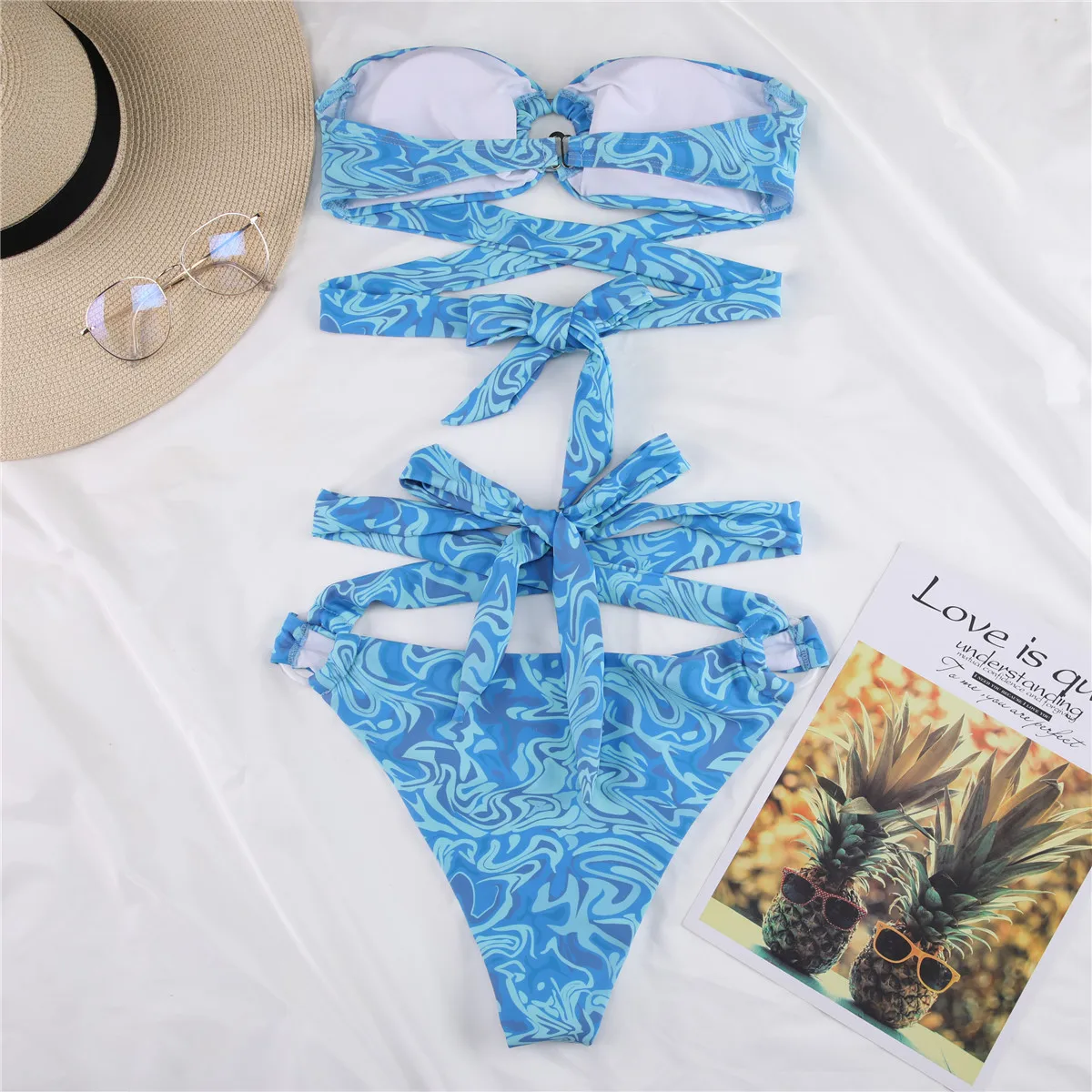 

Qeils 2021 Wrap Around Bandeau Printed Bikini Women Swimwear Female Swimsuit Two-pieces Bikini set Bather Bathing Suit Swim