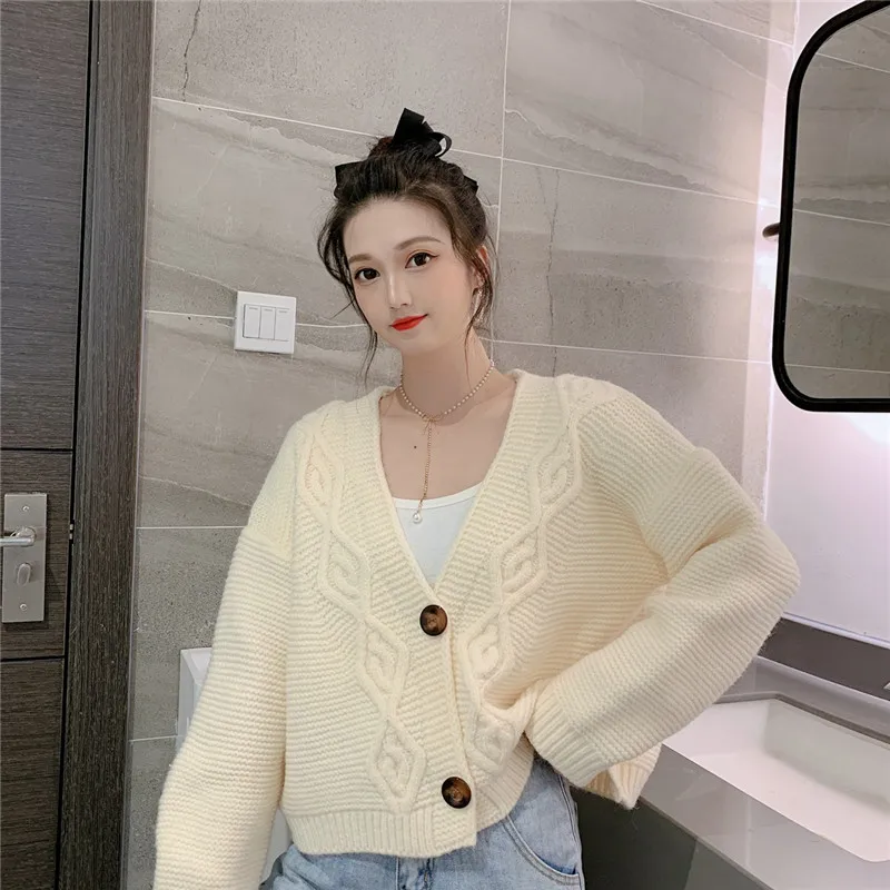 

Women Clothes Korean Oversize Cardigan Twist Sweaters 2020 New Autumn Loose V-neck Vintage Short Long-sleeved Casual Jumpers