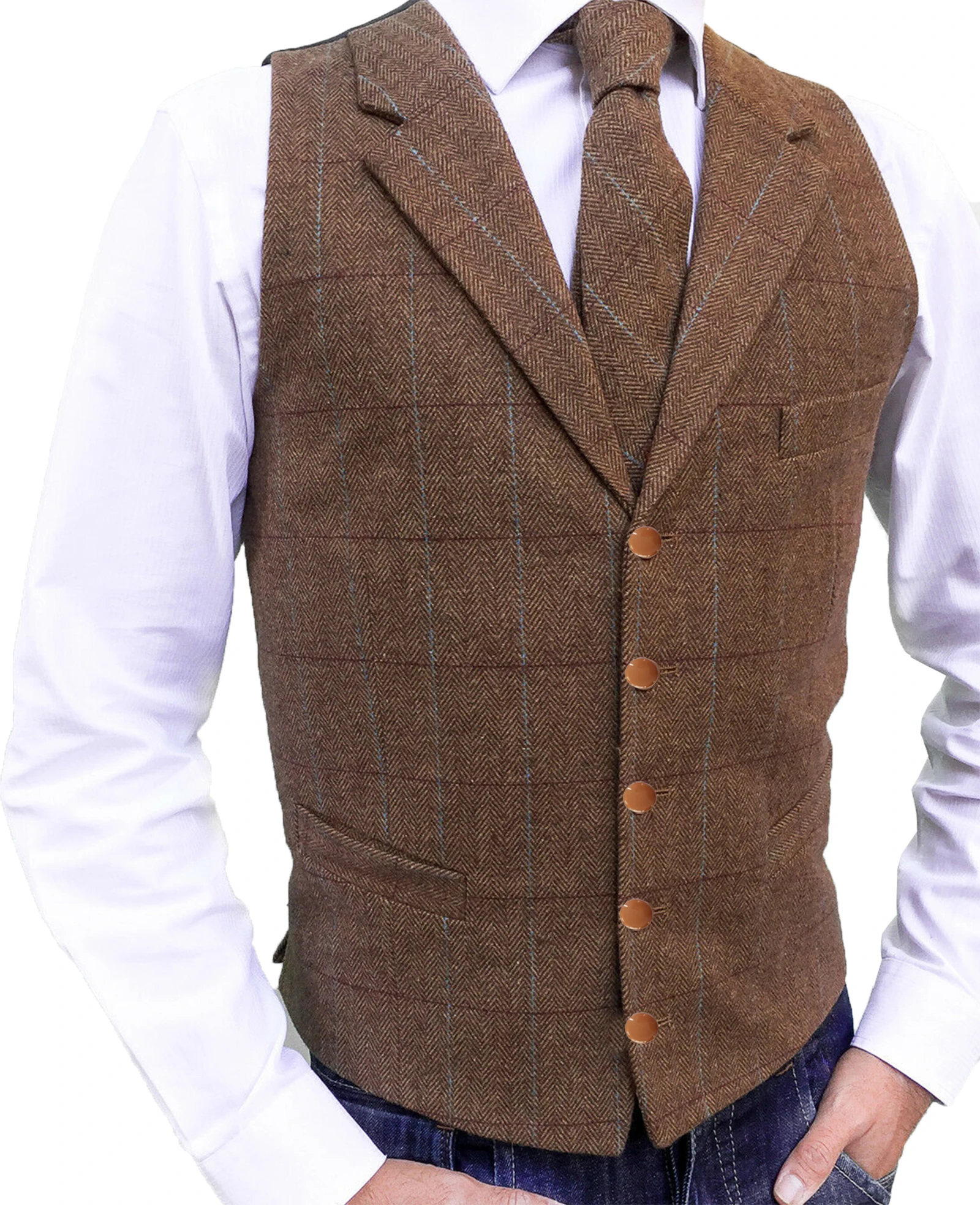 Brown Casual Gentleman Men's Army Green Vest Plaid Soft Wool Jacket Tweed Business Waistcoat For Groosmen Best Man Wedding Vest