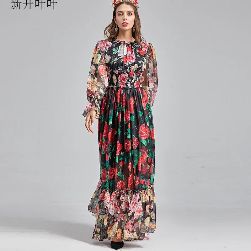 

Black Chiffon Print Rose Floral Summer Girls Dresses Women Long Casual Sexy Office Work Robe Femme Bohemian Dress Plus Size