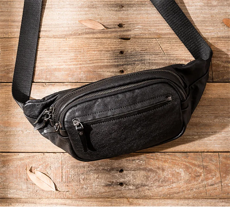 designer handmade original natural genuine leather men's black chest bag outdoor sports crossbody bag daily shoulder bag