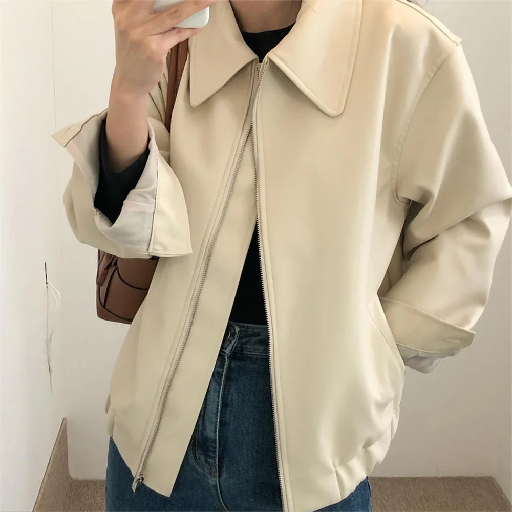 

Свободные женские Куртки из искусственной кожи 동문 문, осенняя уличная одежда в стиле Харадзюку, мотоциклетное пальто, Офисная Женская Повс...