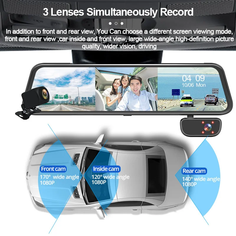 Зеркало-видеорегистратор E-ACE камера с 3 объективами GPS 1080P ночное видение 12 дюймов