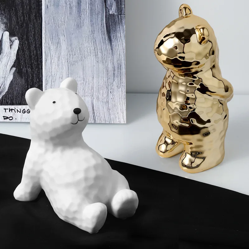 

Golden Ceramic Little Bear Home Decor Ornaments Nordic Gold Plated Sculpture Little Bear Room Living Room Decoration Gifts