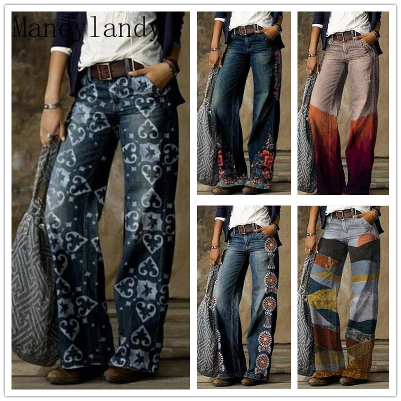 

Mandylandy Women's Fashion Spring Autumn Wide-leg Jeans Long Denim Pants Vintage Ripped Pocket Jeans