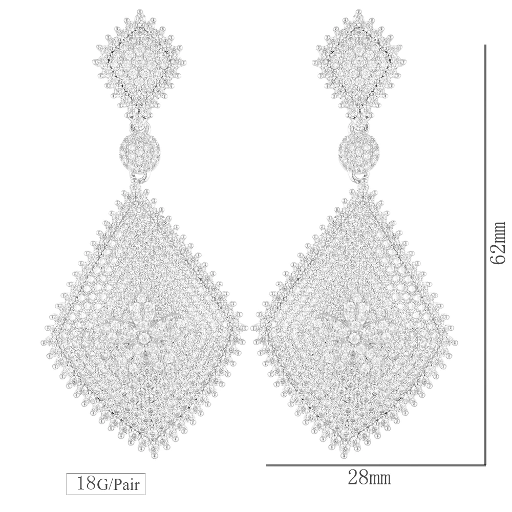 

KellyBola Trendy Geometry Rhombus Flower Shape Hollow Pierced Full Cubic Zirconia Dangle Earings Women Wedding Bridal Jewelry