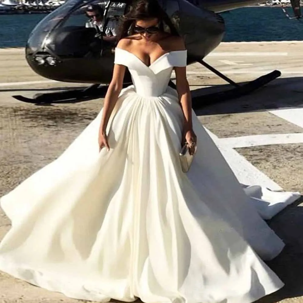 

Off The Shoulder Satin Wedding Dresses Long Simple Elegant 2021 New Women White V-Neck Bridal Gown Plus Size Vintage Gorgeous