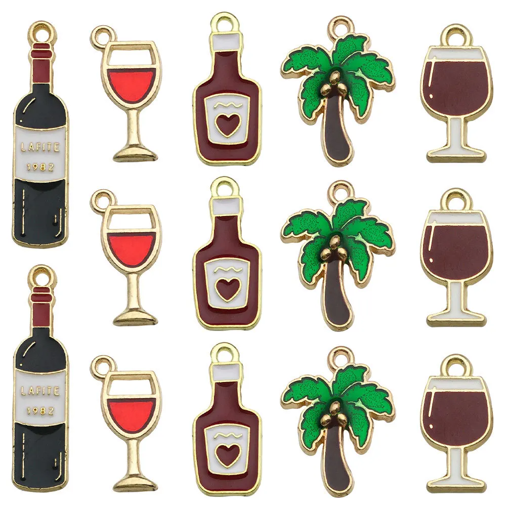 

10Pcs Alloy Pendant Red Wine Bottle Glass Coconut Tree Necklace Pendant Bracelet Earrings Charms Components For Jewelry Making