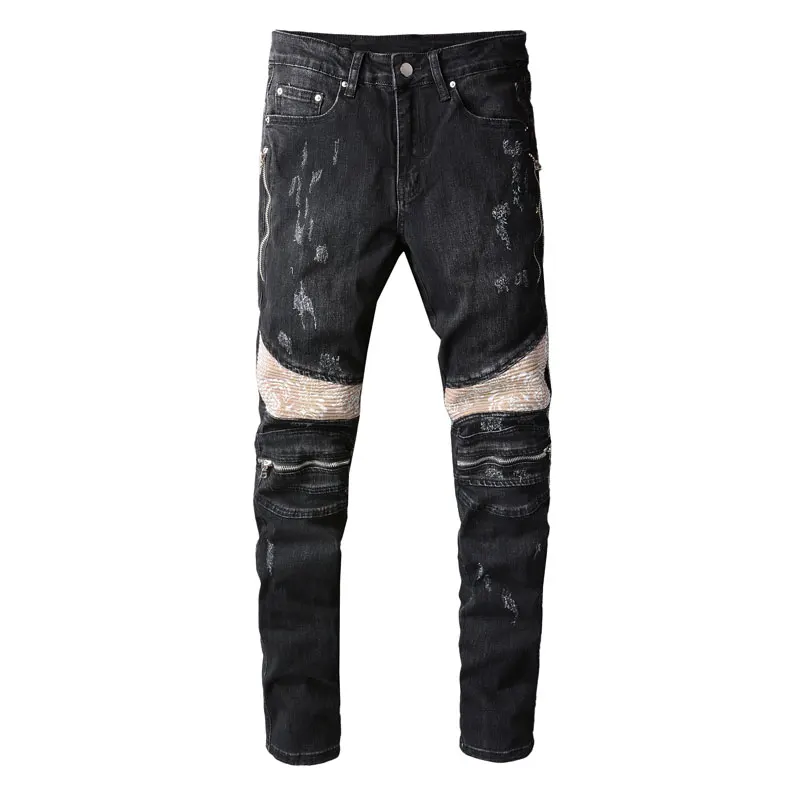 American Street Fashion Men Jeans Black Color Elastic Slim Fit Ripped Jeans Patches Spliced Designer Hip Hop Denim Biker Pants