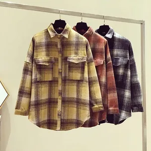 Женская блузка с длинным рукавом, винтажная клетчатая блузка в Корейском стиле, Осень-зима 2020