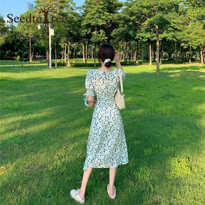 

Summer Women's New Style Korean Floral Dress V-neck Short Sleeve Split Mid-calf Long Skirt