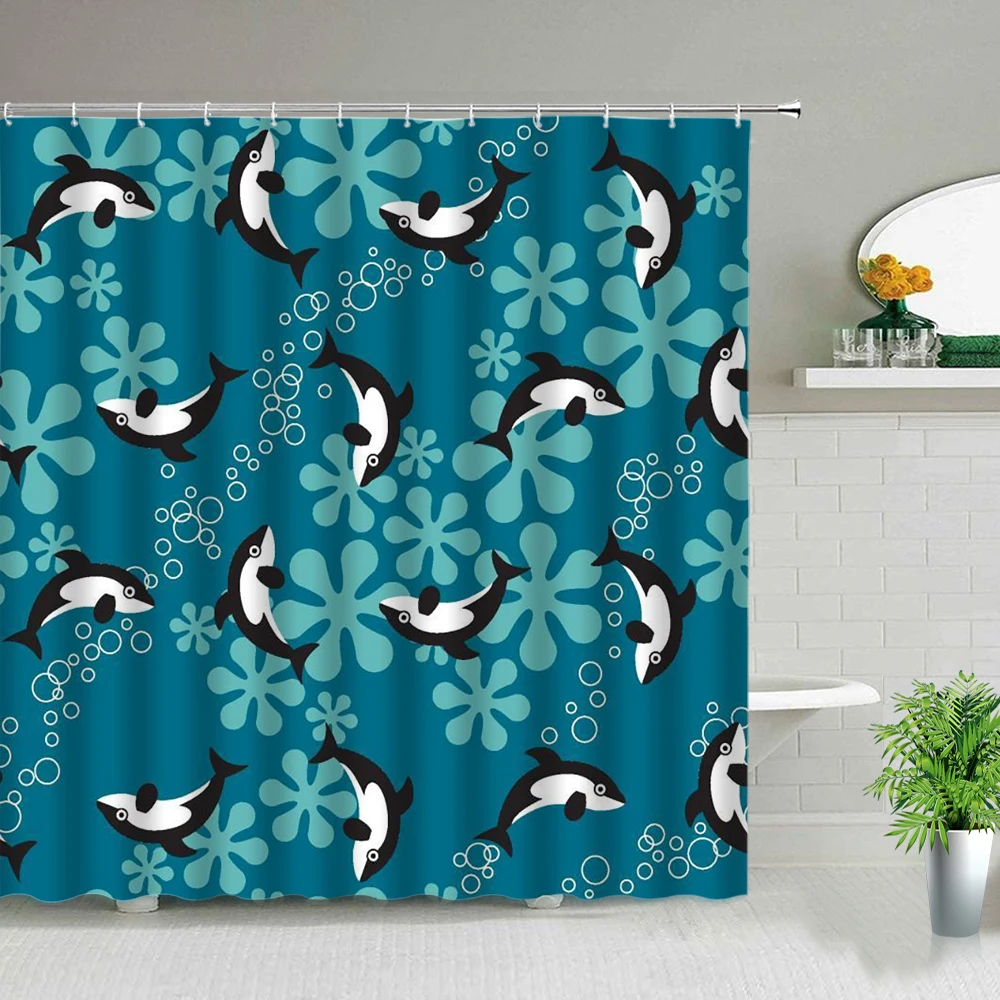 

Cartoons Fish Shower Curtain Set Funny Tropical Animals Home Bathroom Decor Waterproof Fabric Child Hanging Curtains With Hooks