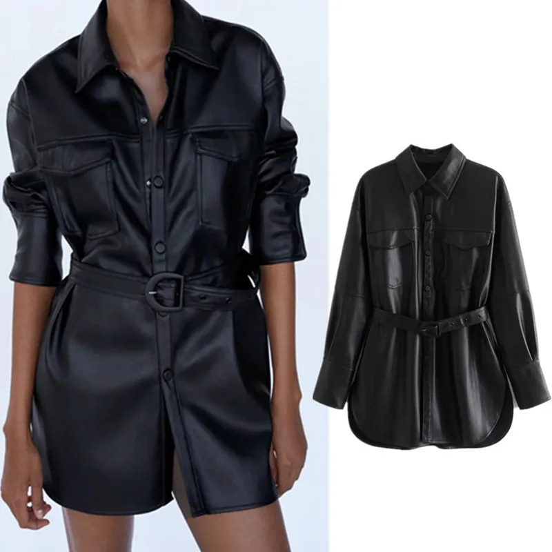 

Women black elegant classic faux leather jacket coat with belt Ladies Long Sleeve loose oversize boy friend retro Coat Y883