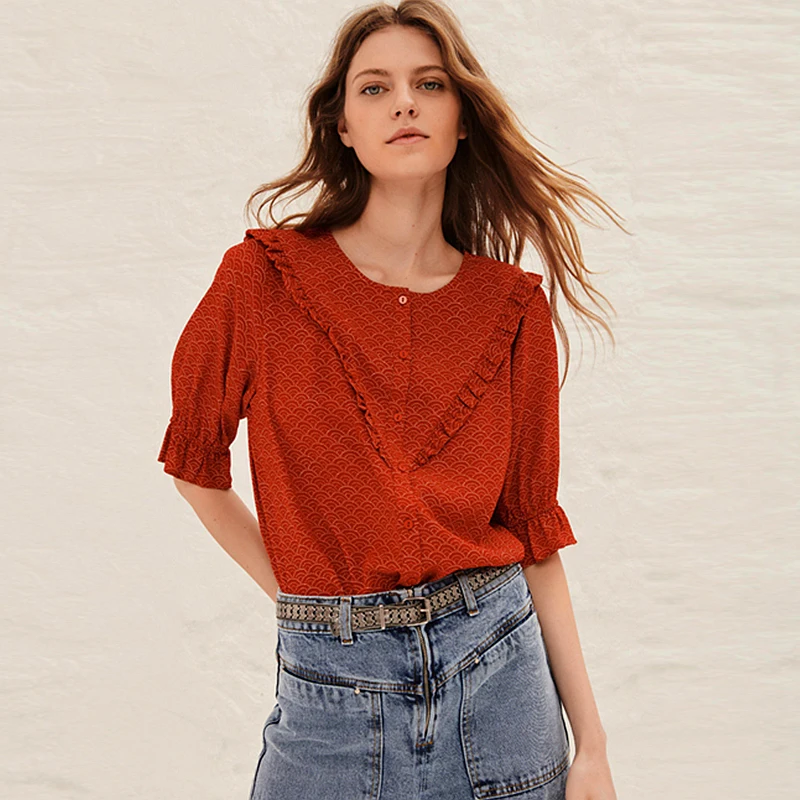 

100% Silk Blouse Women Shirt Casual Style Wave Printed Single-breasted Ruffled O Neck Half Sleeve Shirt New Fashion