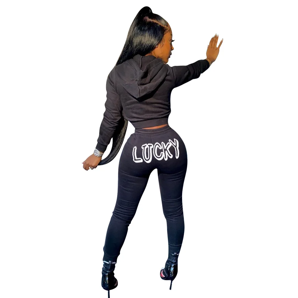 

Lucky Print Two Piece Sets Women Autumn Winter 2021 Workout Hooded Long Sleeve Zipper Top+jogger Pants Active Casual Tracksuits