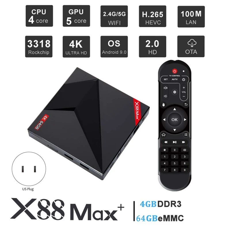 ТВ приставка X88 MAX + для Android 9 0 4 Гб RAM 64 ROM USB Type C 2 4G/5 ГГц Dual WiFi 4K Smart Set Top