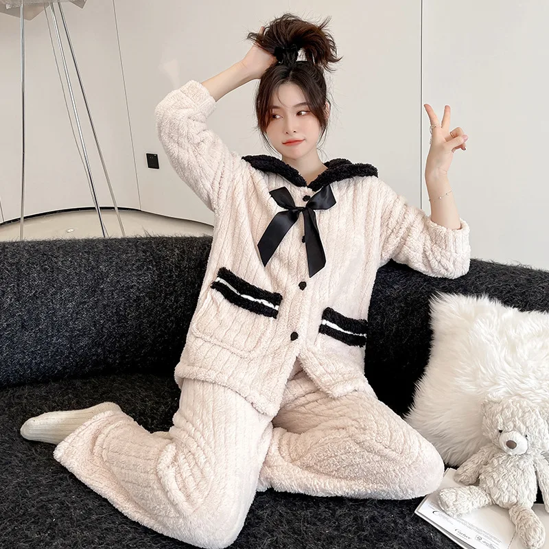 

Зимний фланелевый женский Пижамный костюм 2 шт. Пижама кардиган повседневная одежда для сна теплый интимный пижамный комплект длинные штан...