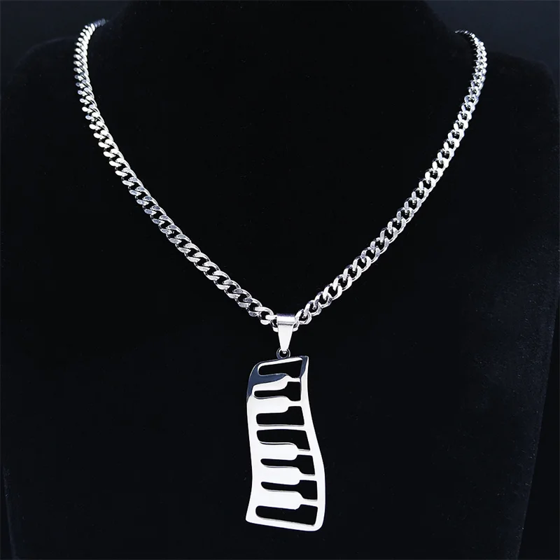 

Music Piano Keys Stainless Steel Chain Necklace Women Silver Color Statement Necklace Jewelry acier inoxydable bijoux NXS06