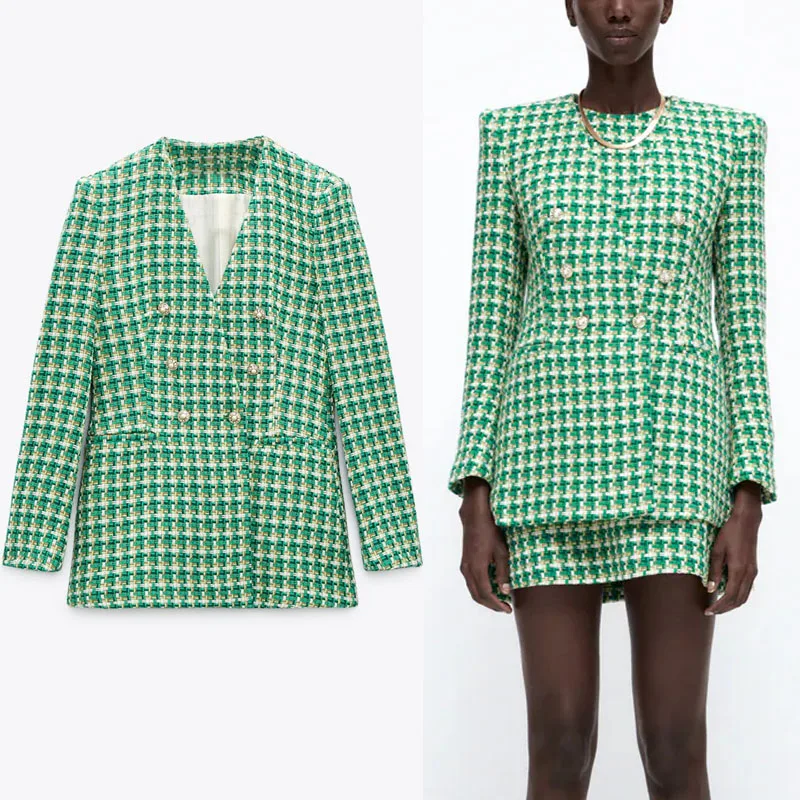 

Женский блейзер с пуговицами ZA, зеленый Текстурированный пиджак с длинным рукавом и V-образным вырезом, винтажный клетчатый пиджак, модные д...