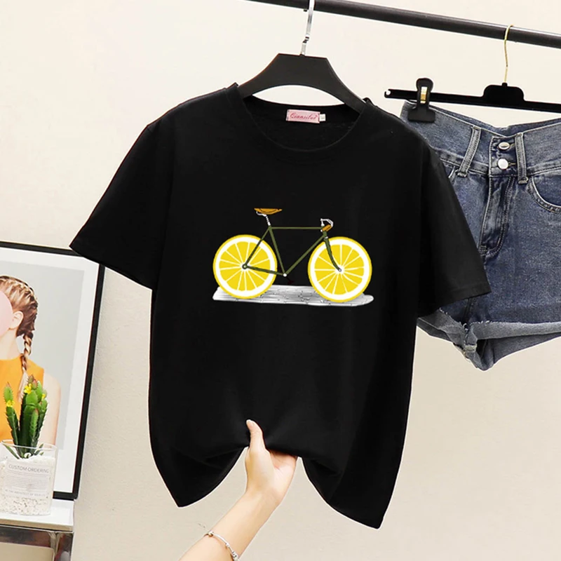 Летняя новая футболка модная повседневная с принтом лимонного велосипеда